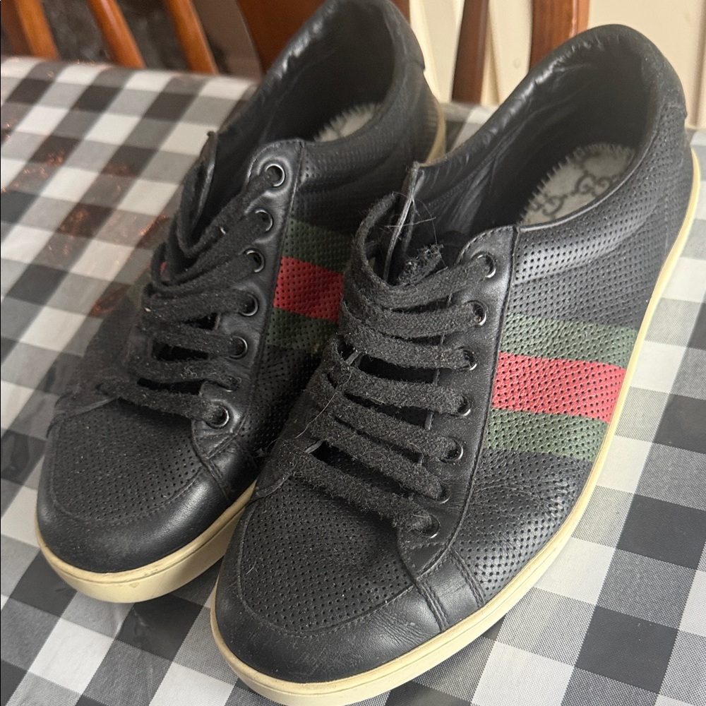 Gucci Black Perforated Sneakers with Red and Green Accents